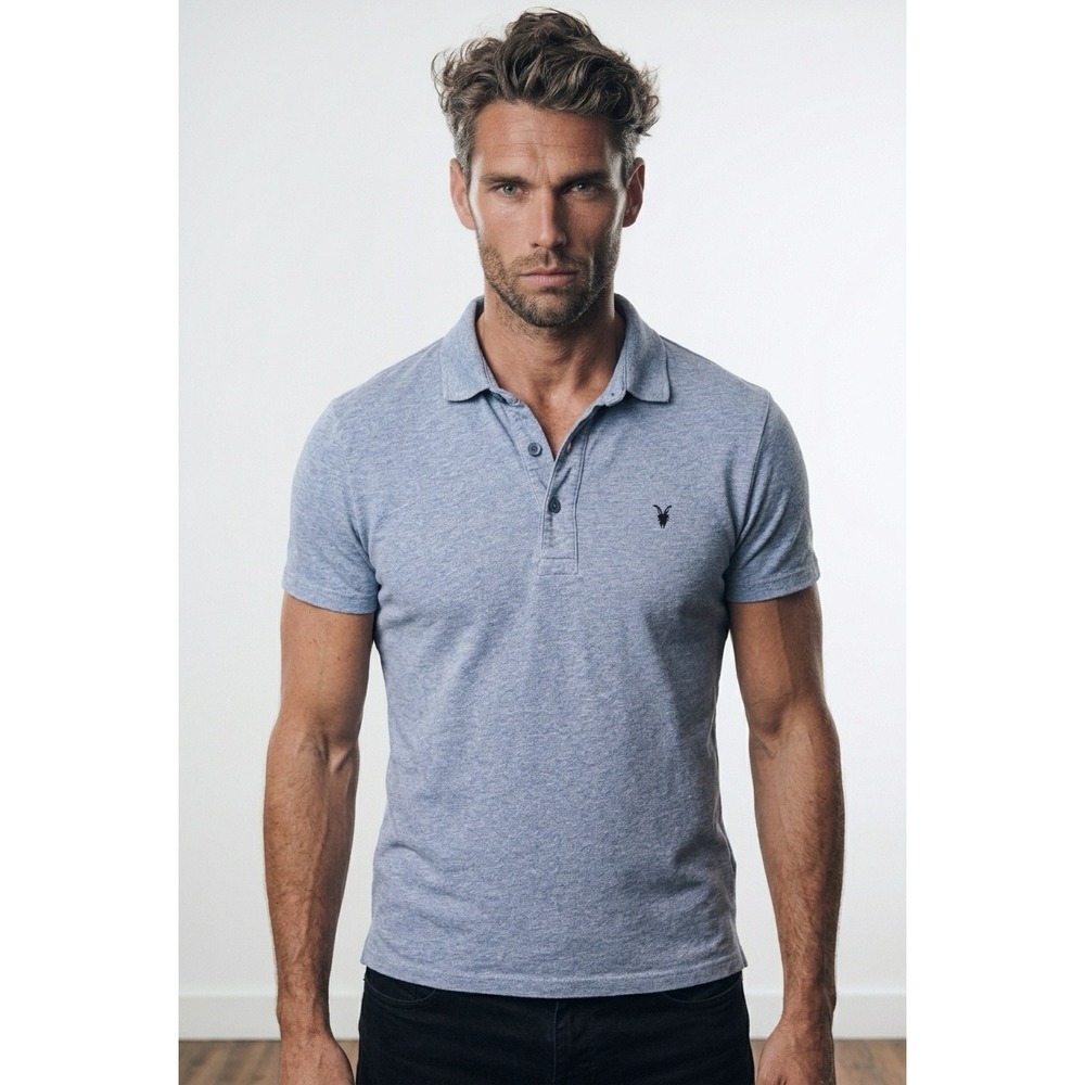 AllSaints Spitalfields Mens Small Blue Grey Ramskull Logo Short Sleeve Polo
